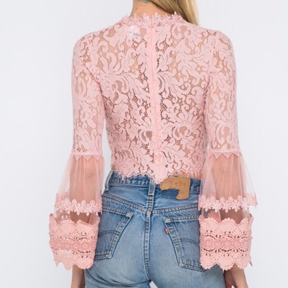 Blush Lace Crop Top, Bell Sleeve - Picture 4 of 6